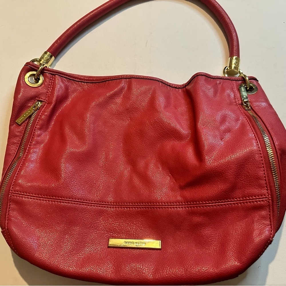 Anne Klein Pink Faux Leather Gold Hardware Zip Pockets Top Clasp Shoulder Bag